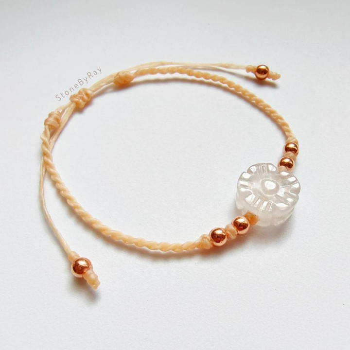 Bracelet fleuri en quartz rose | Design bohème en corde tressée