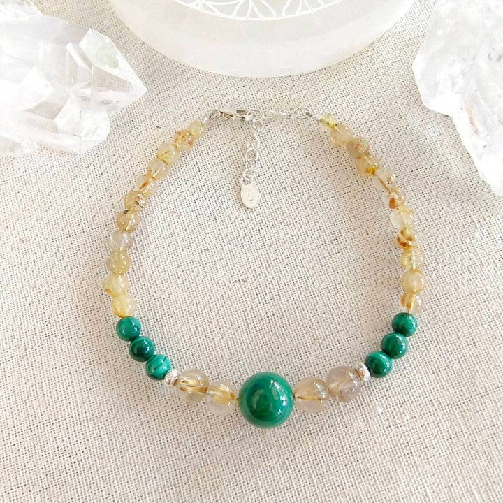 Bracelet en argent, malachite et quartz rutile - Énergie spirituelle