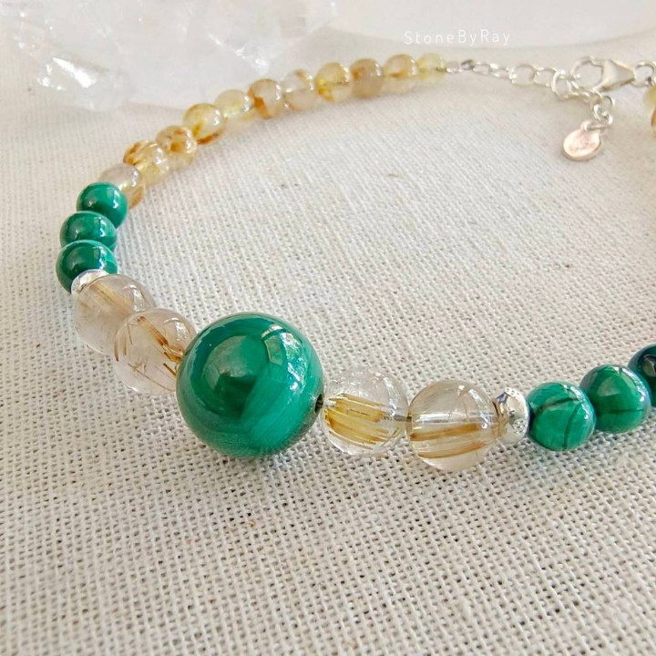 Bracelet en argent, malachite et quartz rutile - Énergie spirituelle