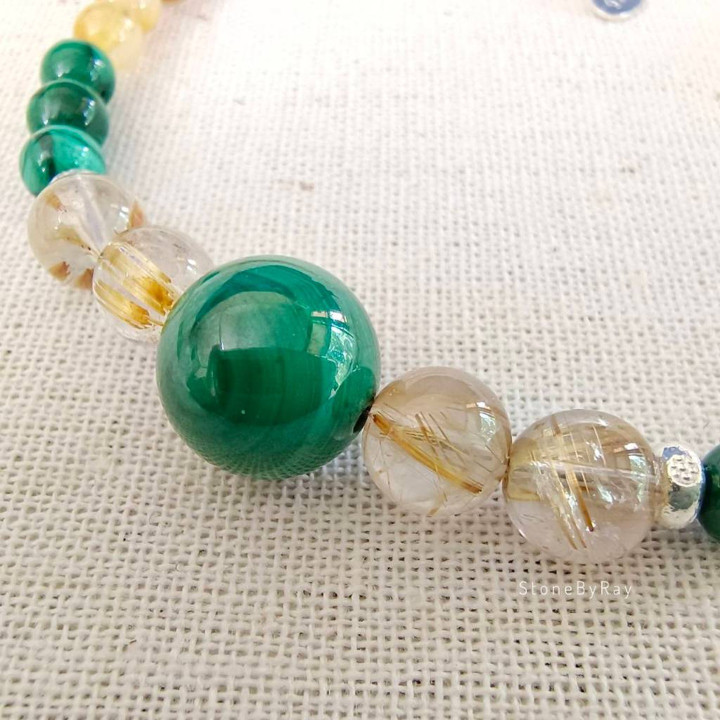 Bracelet en argent, malachite et quartz rutile - Énergie spirituelle