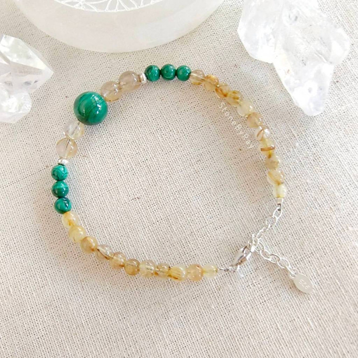 Bracelet en argent, malachite et quartz rutile - Énergie spirituelle