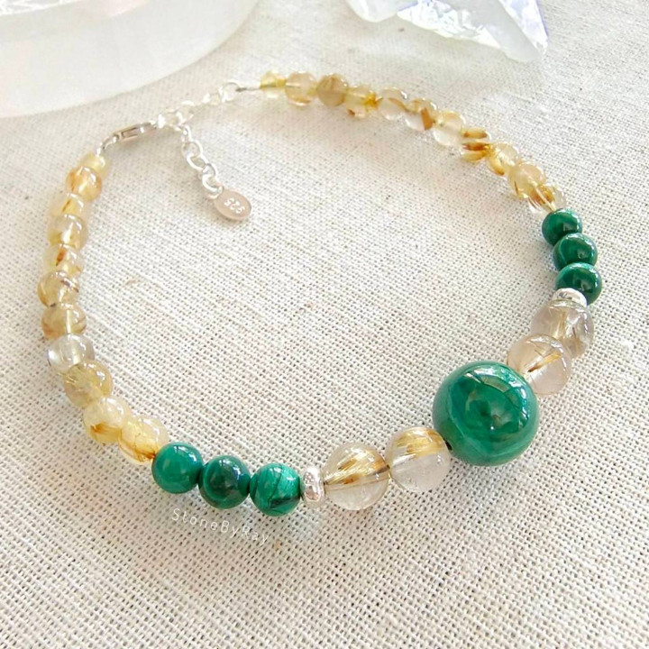 Bracelet en argent, malachite et quartz rutile - Énergie spirituelle