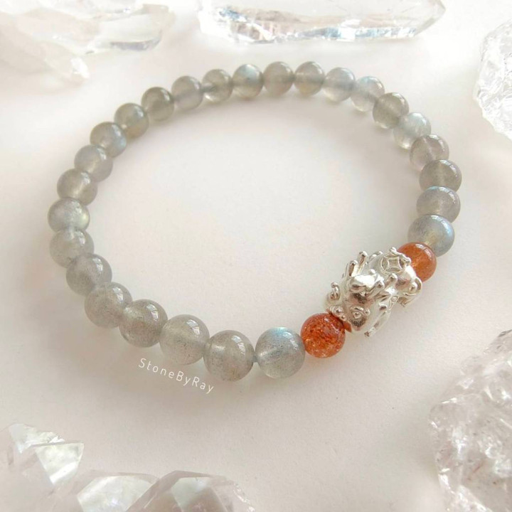 Bracelet en labradorite et argent sterling Pi Xiu et pierre de soleil