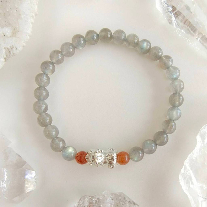 Bracelet en labradorite et argent sterling Pi Xiu et pierre de soleil