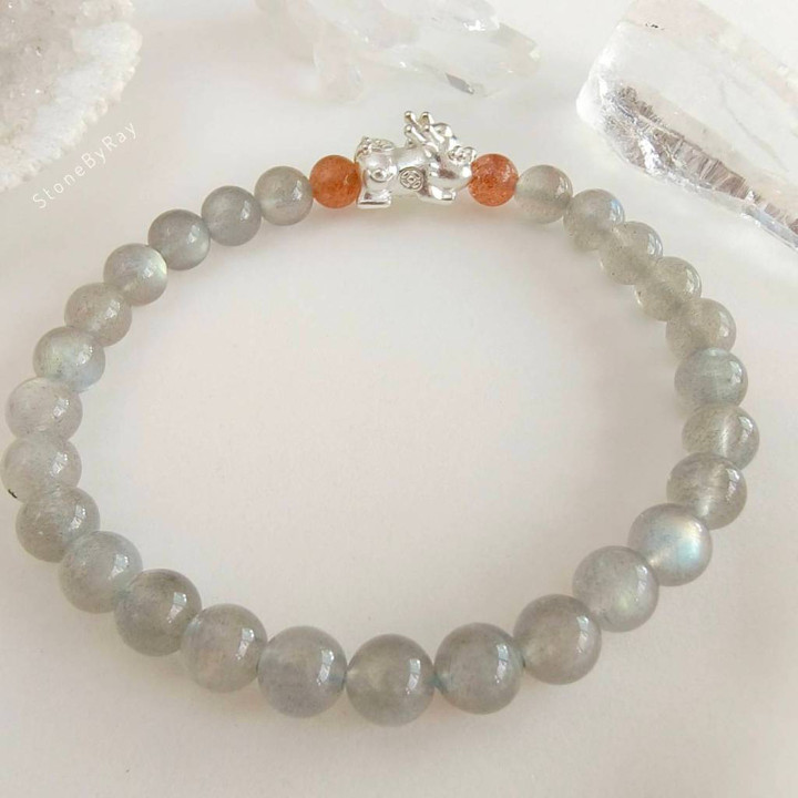 Bracelet en labradorite et argent sterling Pi Xiu et pierre de soleil
