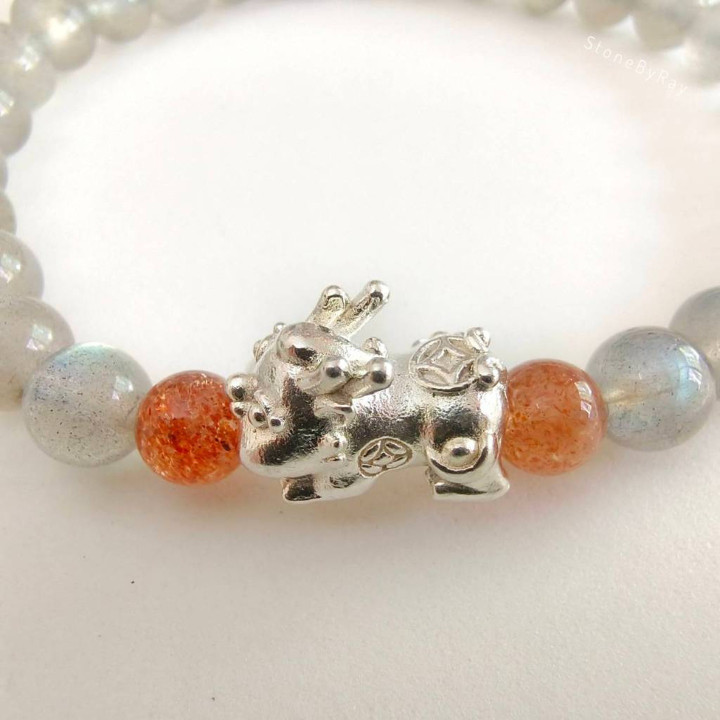 Bracelet en labradorite et argent sterling Pi Xiu et pierre de soleil