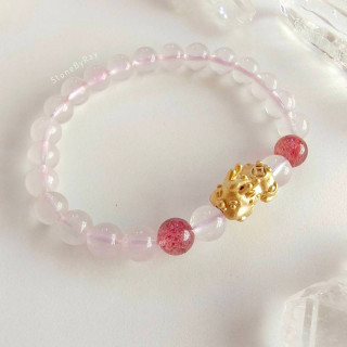 Rose Quartz and Strawberry Quartz Bracelet with Gold Pixiu