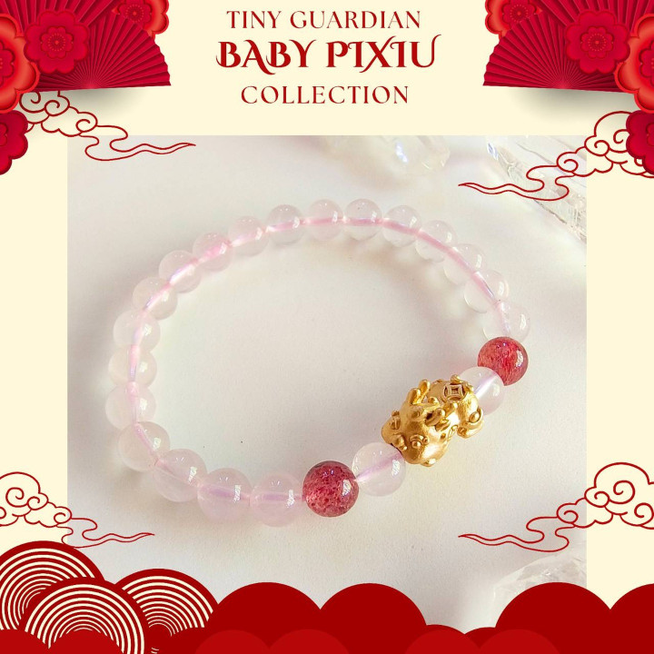 Bracelet en quartz rose et quartz fraise avec Pixiu en or