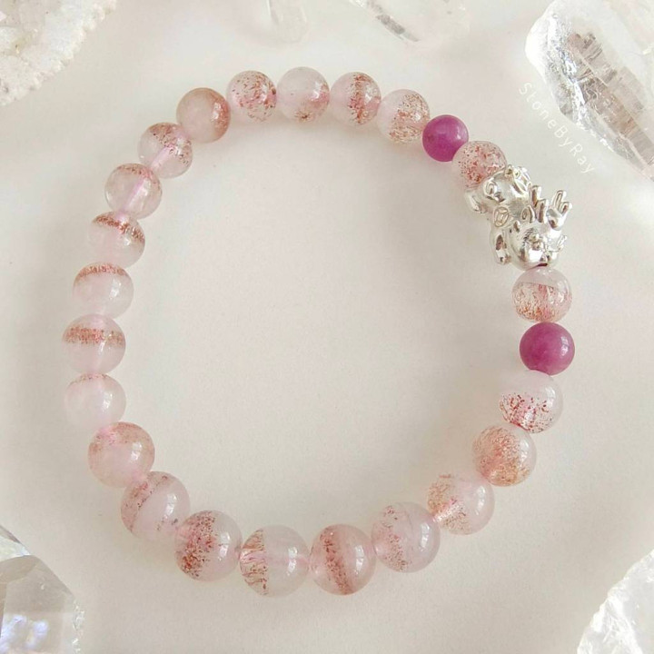 Hematite Quartz Bracelet with Sterling Silver Pi Xiu and Ruby