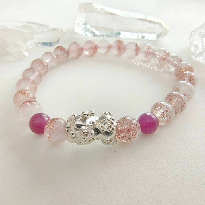 Hematite Quartz Bracelet with Sterling Silver Pi Xiu and Ruby