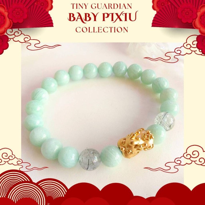 Bracelet porte-bonheur en amazonite, pi xiu et quartz rutile