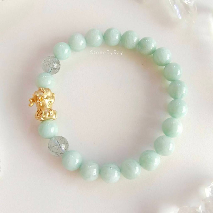 Bracelet porte-bonheur en amazonite, pi xiu et quartz rutile