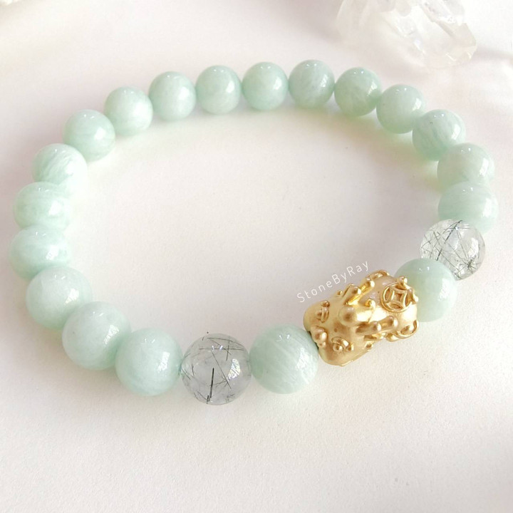 Bracelet porte-bonheur en amazonite, pi xiu et quartz rutile