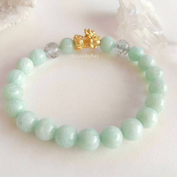 Bracelet porte-bonheur en amazonite, pi xiu et quartz rutile