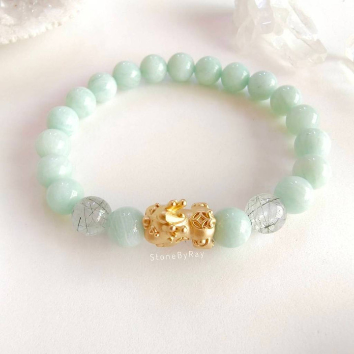 Bracelet porte-bonheur en amazonite, pi xiu et quartz rutile