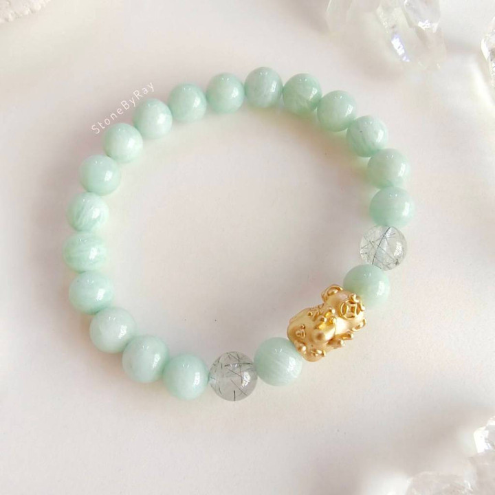 Bracelet porte-bonheur en amazonite, pi xiu et quartz rutile