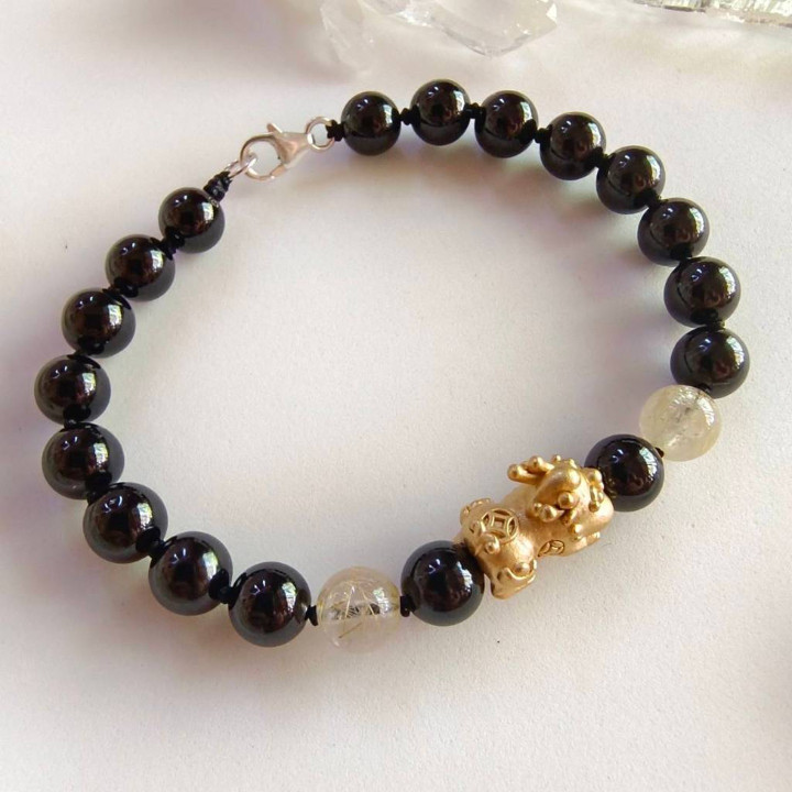 Bracelet Pixiu en onyx et or - Porte-bonheur pour la prospérité