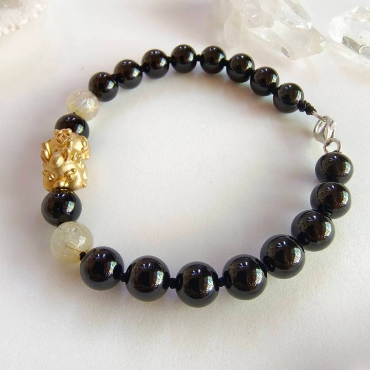 Bracelet Pixiu en onyx et or - Porte-bonheur pour la prospérité