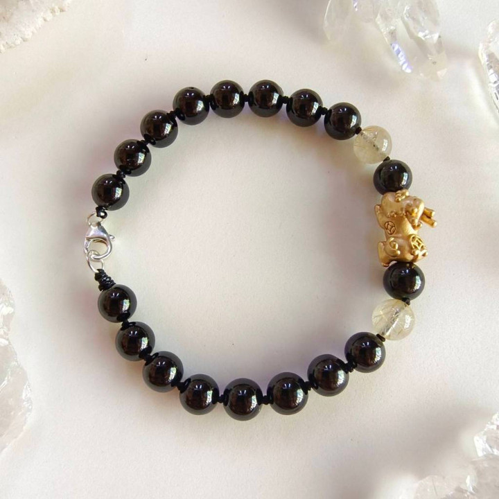 Bracelet Pixiu en onyx et or - Porte-bonheur pour la prospérité