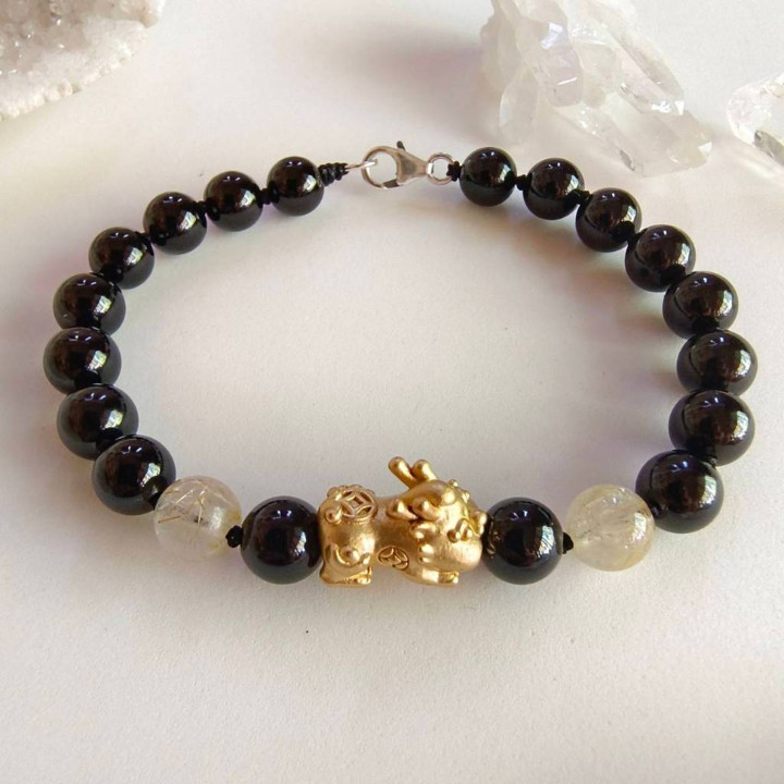 Bracelet Pixiu en onyx et or - Porte-bonheur pour la prospérité
