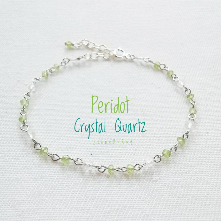 Peridot and Quartz Silver Bracelet - Boho Charm Jewelry