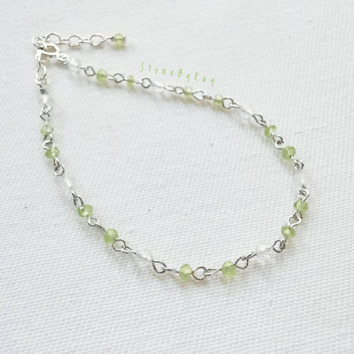 Peridot and Quartz Silver Bracelet - Boho Charm Jewelry