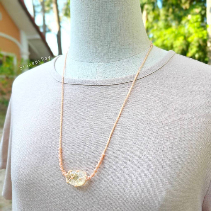 Citrine Stone Braided Rope Necklace - Boho Style Jewelry