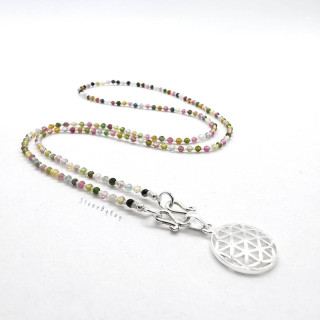 Tourmaline and Silver Flower of Life Braided Rope Necklace