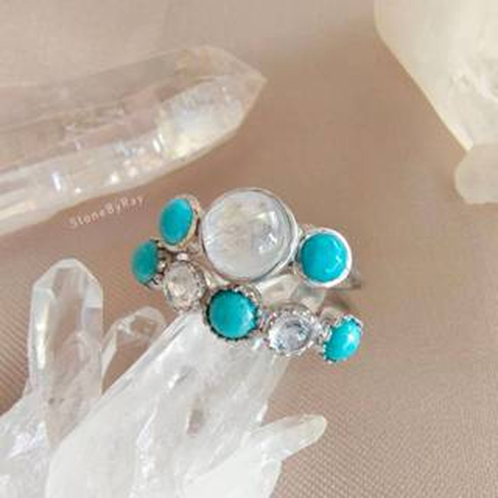 Moonstone and Turquoise Silver Ring - Boho Style Jewelry