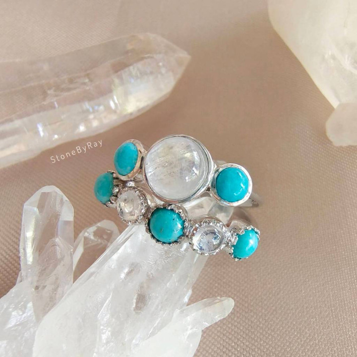 Moonstone and Turquoise Silver Ring - Boho Style Jewelry