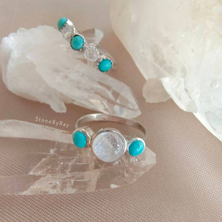 Moonstone and Turquoise Silver Ring - Boho Style Jewelry