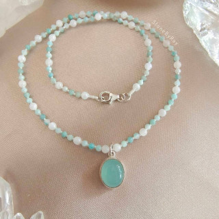 Amazonite and Moonstone Necklace with Chalcedony Pendant