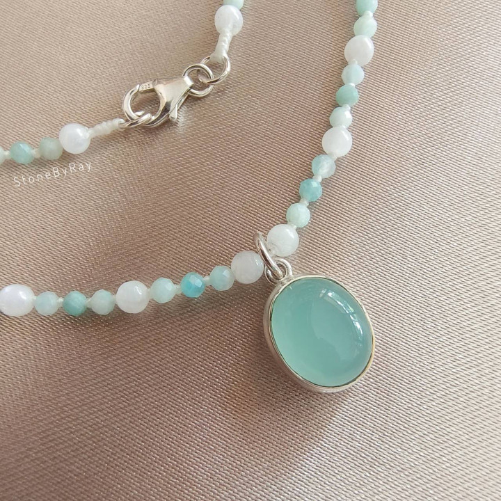 Amazonite and Moonstone Necklace with Chalcedony Pendant
