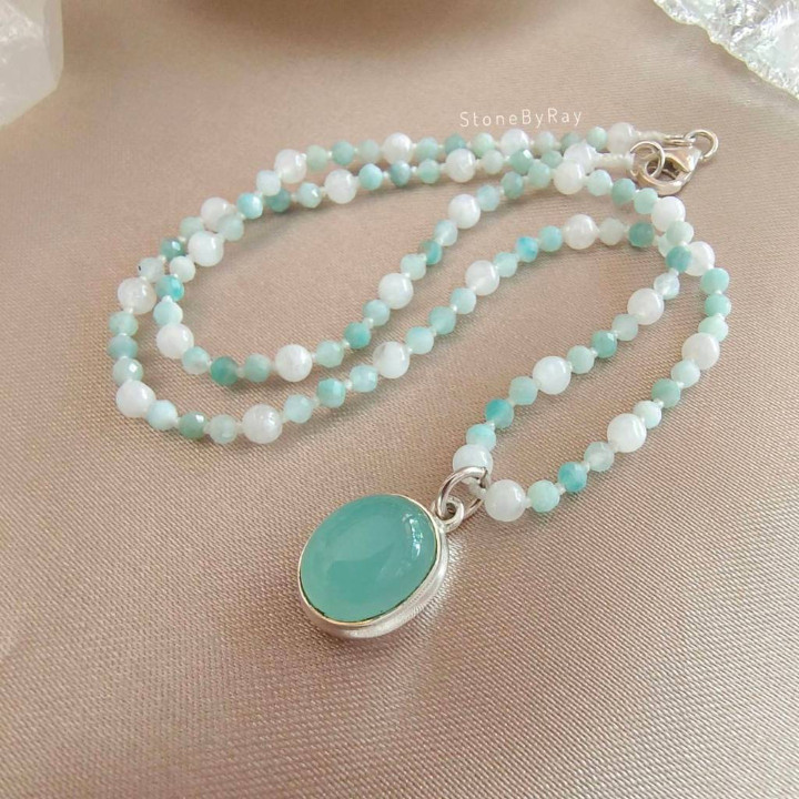 Amazonite and Moonstone Necklace with Chalcedony Pendant
