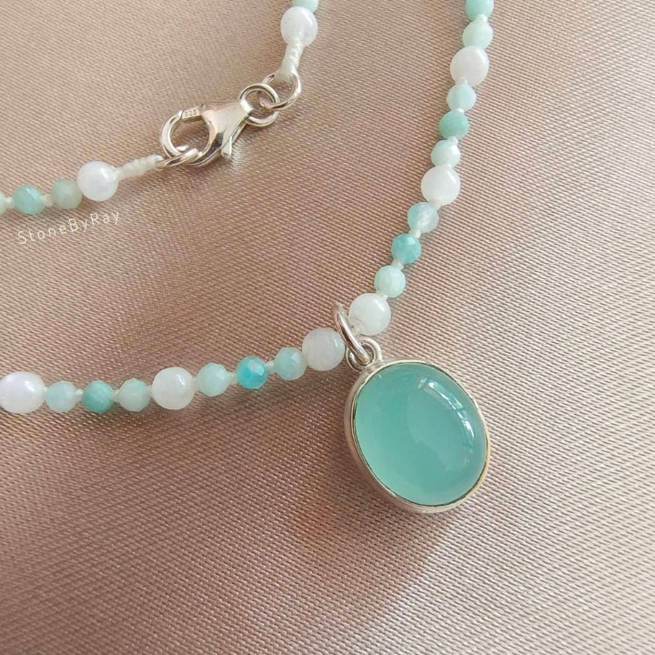 Amazonite and Moonstone Necklace with Chalcedony Pendant