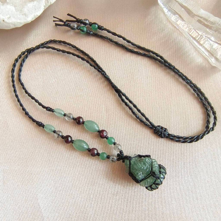 Green Aventurine and Garnet Necklace with Ganesha Pendant