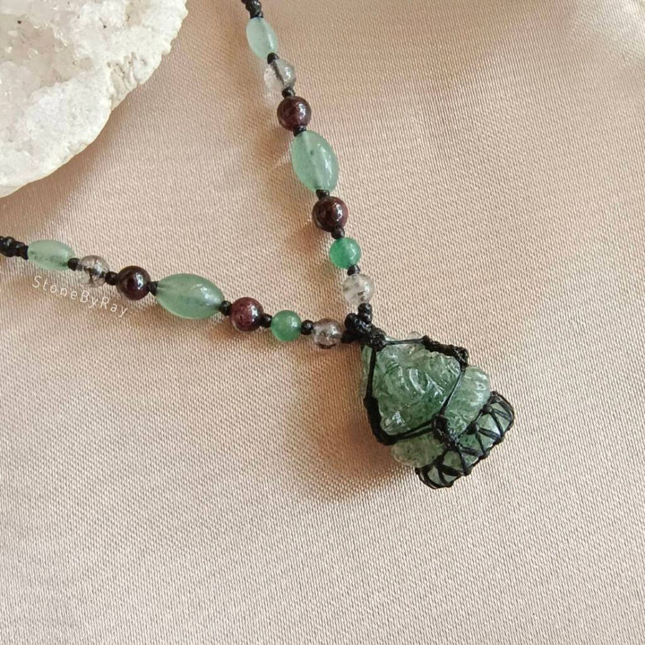 Green Aventurine and Garnet Necklace with Ganesha Pendant