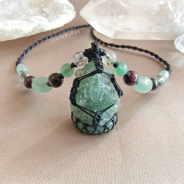 Green Aventurine and Garnet Necklace with Ganesha Pendant