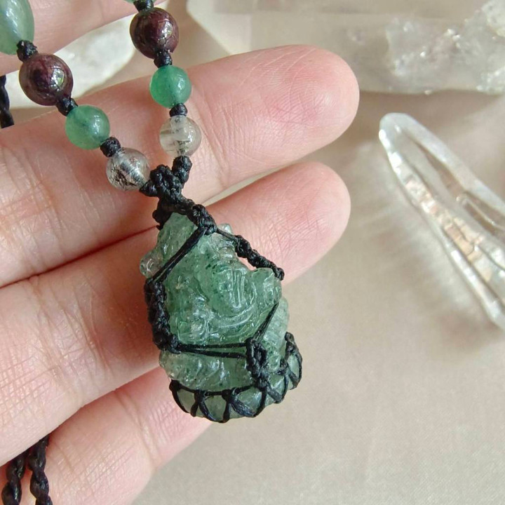 Green Aventurine and Garnet Necklace with Ganesha Pendant