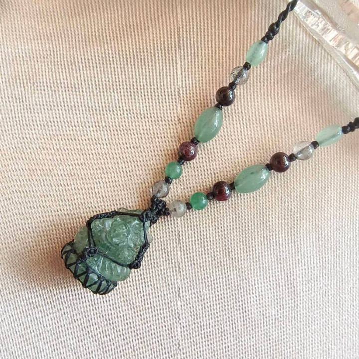 Green Aventurine and Garnet Necklace with Ganesha Pendant
