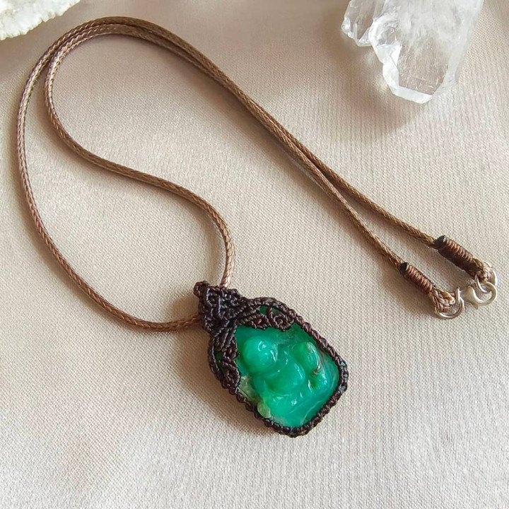 Chrysoprase Buddha Necklace | Braided Rope Design