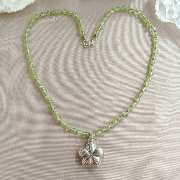 Peridot Necklace: Sterling Silver Flower Pendant