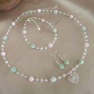 Sterling Silver Heart Necklace Set - Jade, Kunzite and Moonstone