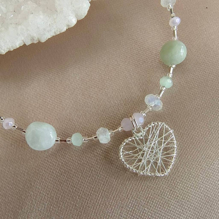 Sterling Silver Heart Necklace Set - Jade, Kunzite and Moonstone