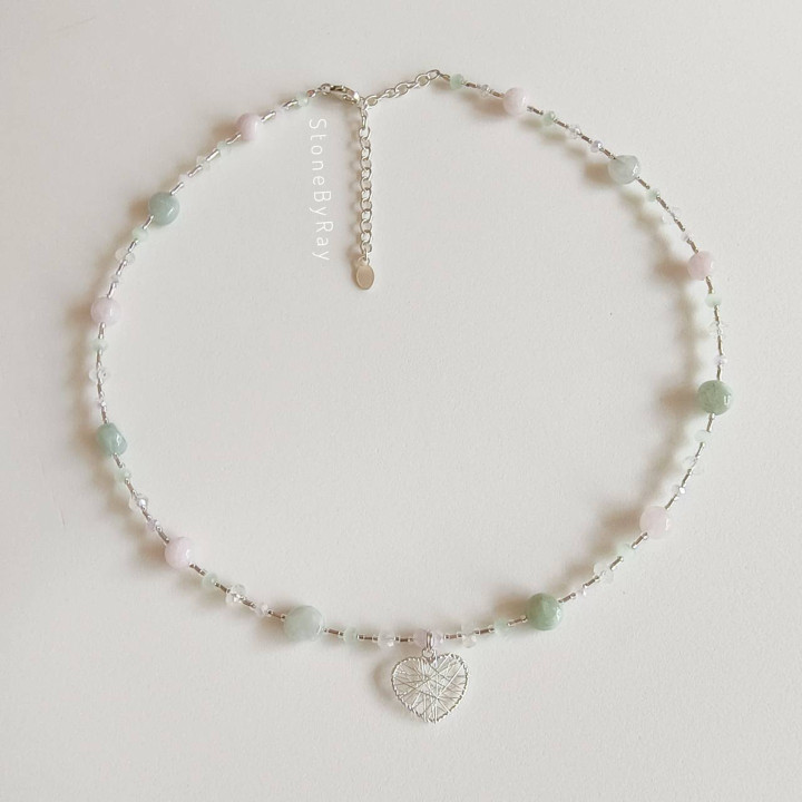 Sterling Silver Heart Necklace Set - Jade, Kunzite and Moonstone