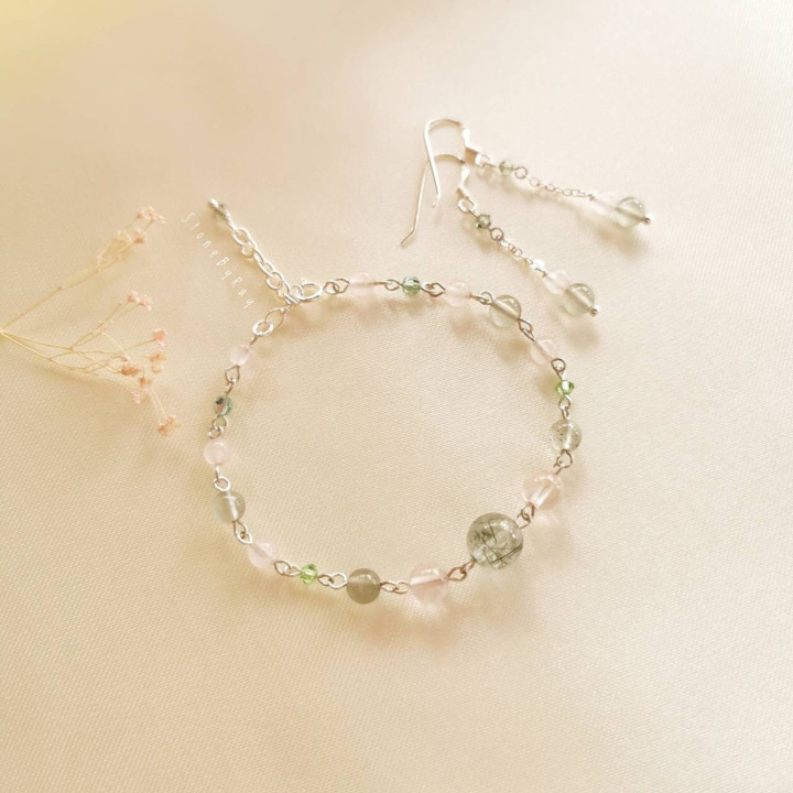 Rutile and Rose Quartz Earring and Bracelet Set