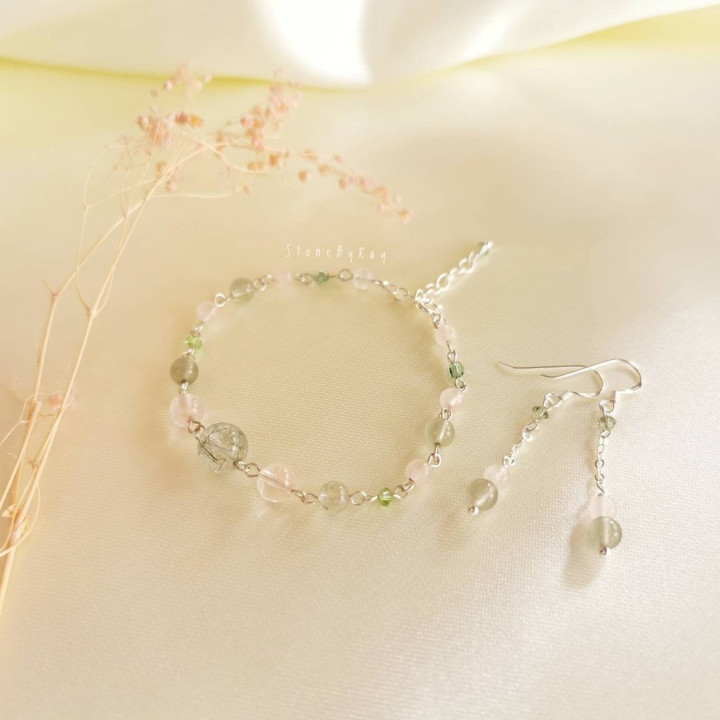 Rutile and Rose Quartz Earring and Bracelet Set