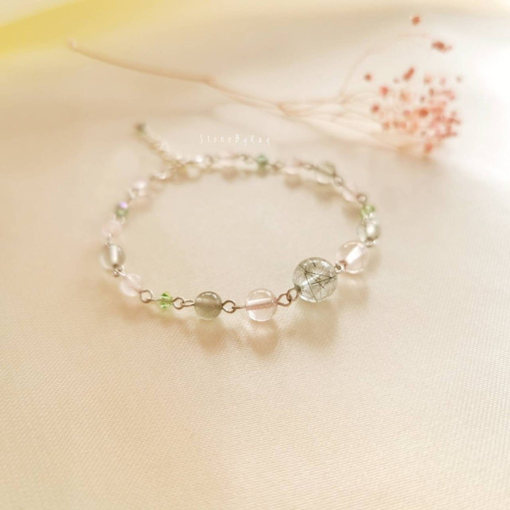 Rutile and Rose Quartz Earring and Bracelet Set