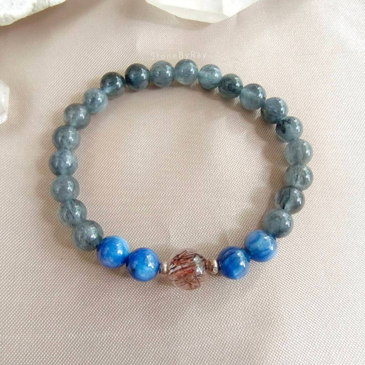 Blue-Grey Rutile Quartz and Kyanite Bracelet | Unique Design