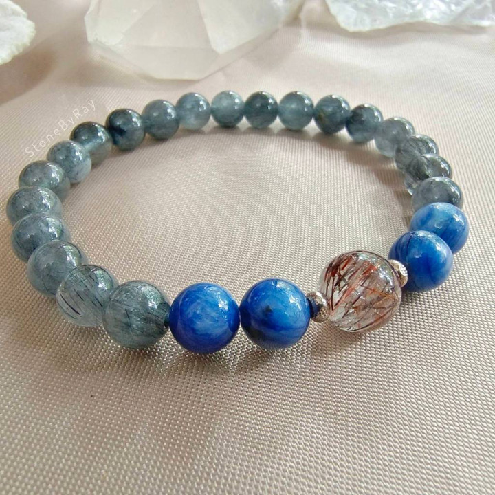 Blue-Grey Rutile Quartz and Kyanite Bracelet | Unique Design